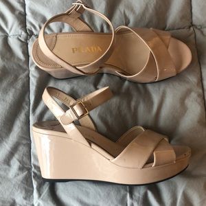 Nude patent leather Prada platform wedges